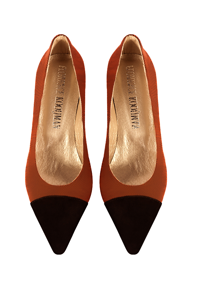 Matt black and terracotta orange women's dress pumps, with a round neckline. Pointed toe. Medium comma heels. Top view - Florence KOOIJMAN
